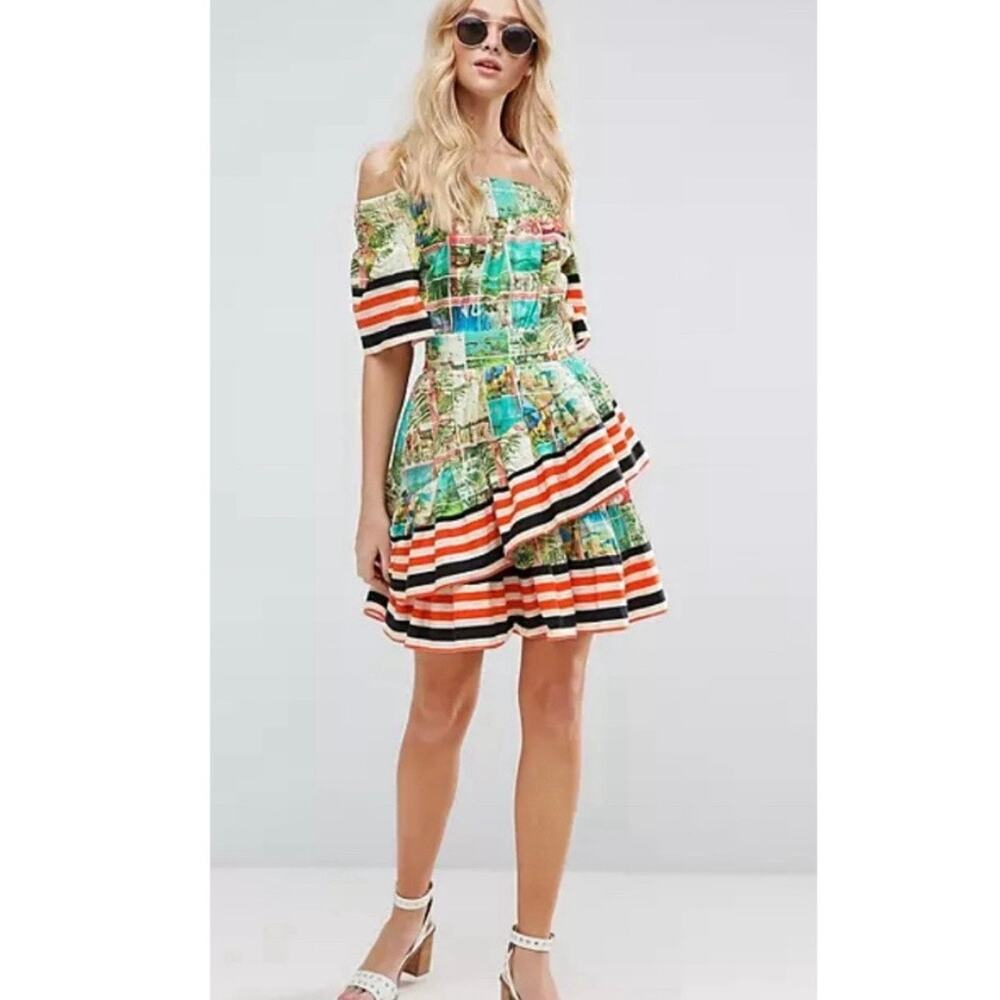 🔥ASOS Postcard Striped Off shoulder Ruffled Travel Vacation Novelty Boho Dress